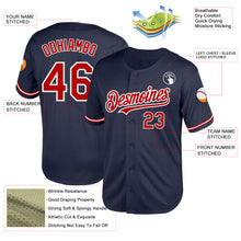 Load image into Gallery viewer, Custom Navy Red-White Mesh Authentic Throwback Baseball Jersey
