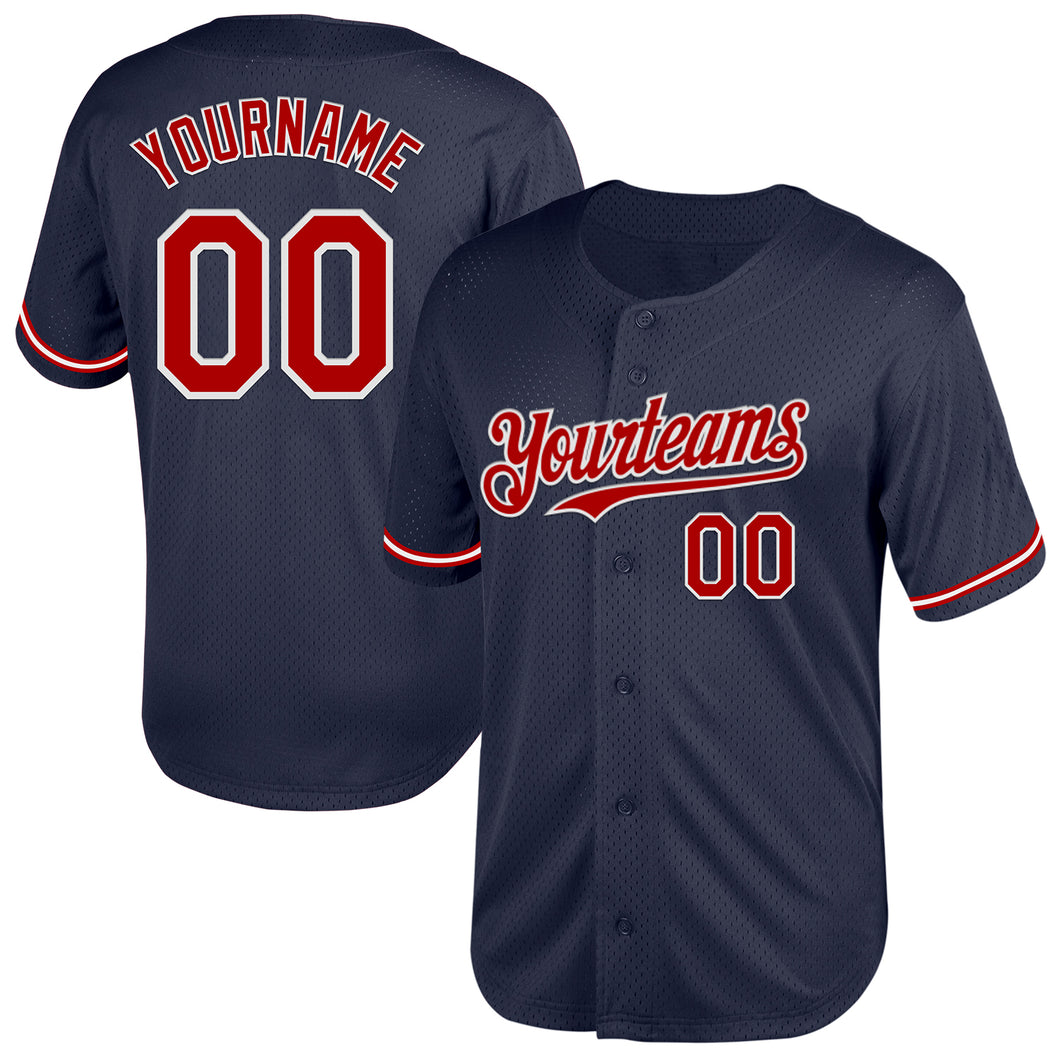 Custom Navy Red-White Mesh Authentic Throwback Baseball Jersey