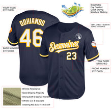Laden Sie das Bild in den Galerie-Viewer, Custom Navy White-Gold Mesh Authentic Throwback Baseball Jersey
