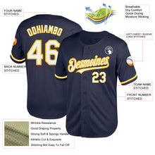 Load image into Gallery viewer, Custom Navy White-Gold Mesh Authentic Throwback Baseball Jersey
