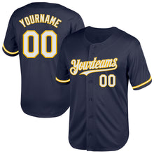 Load image into Gallery viewer, Custom Navy White-Gold Mesh Authentic Throwback Baseball Jersey
