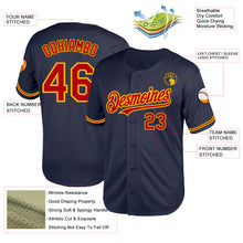 Load image into Gallery viewer, Custom Navy Red-Gold Mesh Authentic Throwback Baseball Jersey
