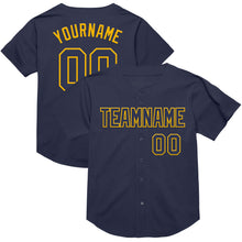 Laden Sie das Bild in den Galerie-Viewer, Custom Navy Gold Mesh Authentic Throwback Baseball Jersey
