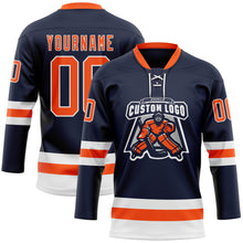 Load image into Gallery viewer, Custom Navy Orange-White Hockey Lace Neck Jersey
