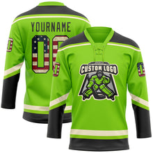 Laden Sie das Bild in den Galerie-Viewer, Custom Neon Green Vintage USA Flag Black-Cream Hockey Lace Neck Jersey
