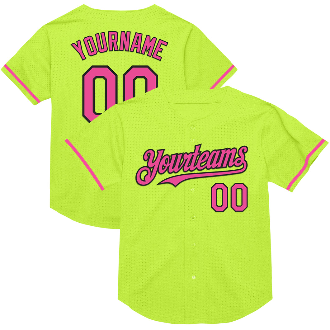 Custom Neon Green Pink-Black Mesh Authentic Throwback Baseball Jersey