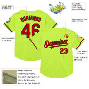 Custom Neon Green Red-Black Mesh Authentic Throwback Baseball Jersey