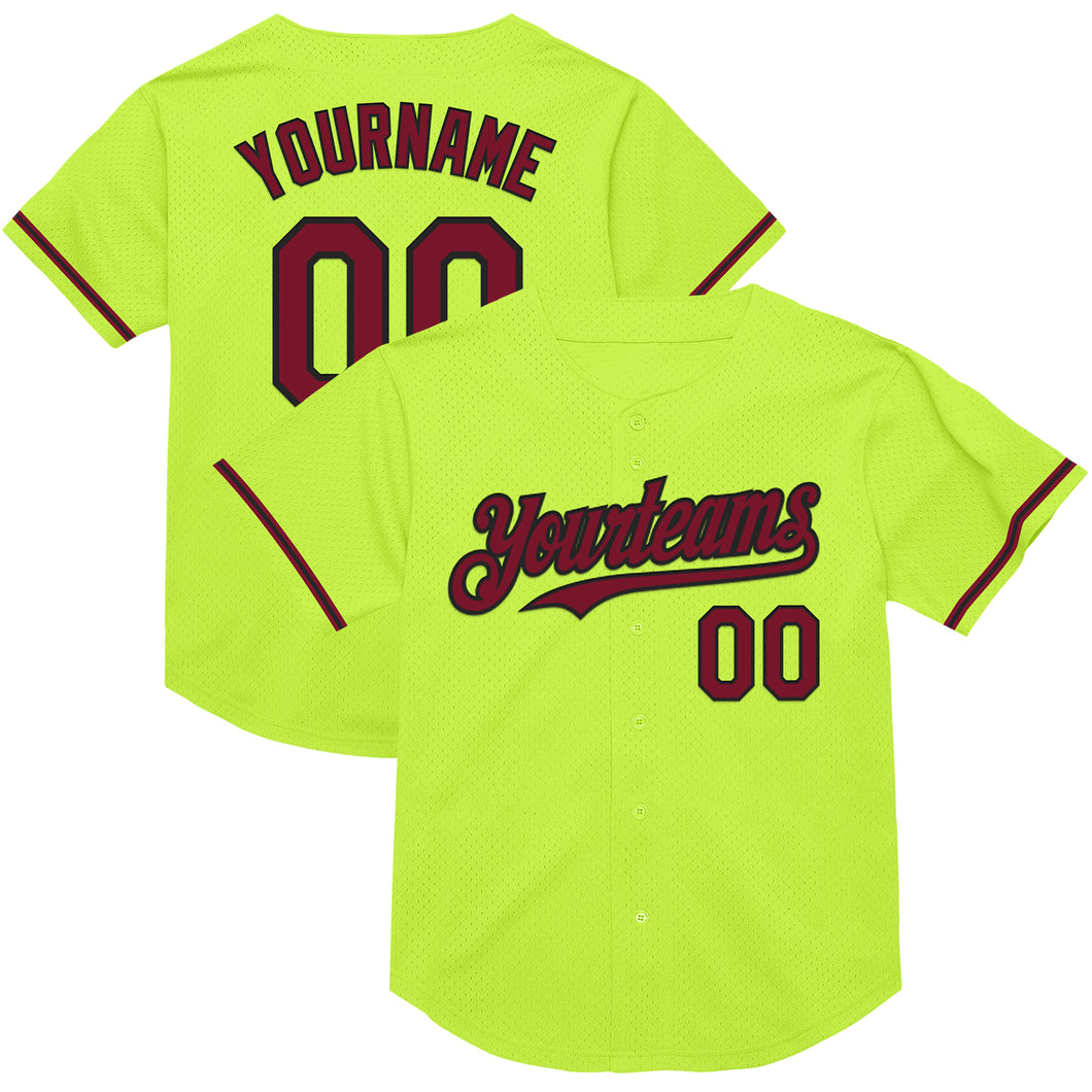 Custom Neon Green Crimson-Black Mesh Authentic Throwback Baseball Jersey