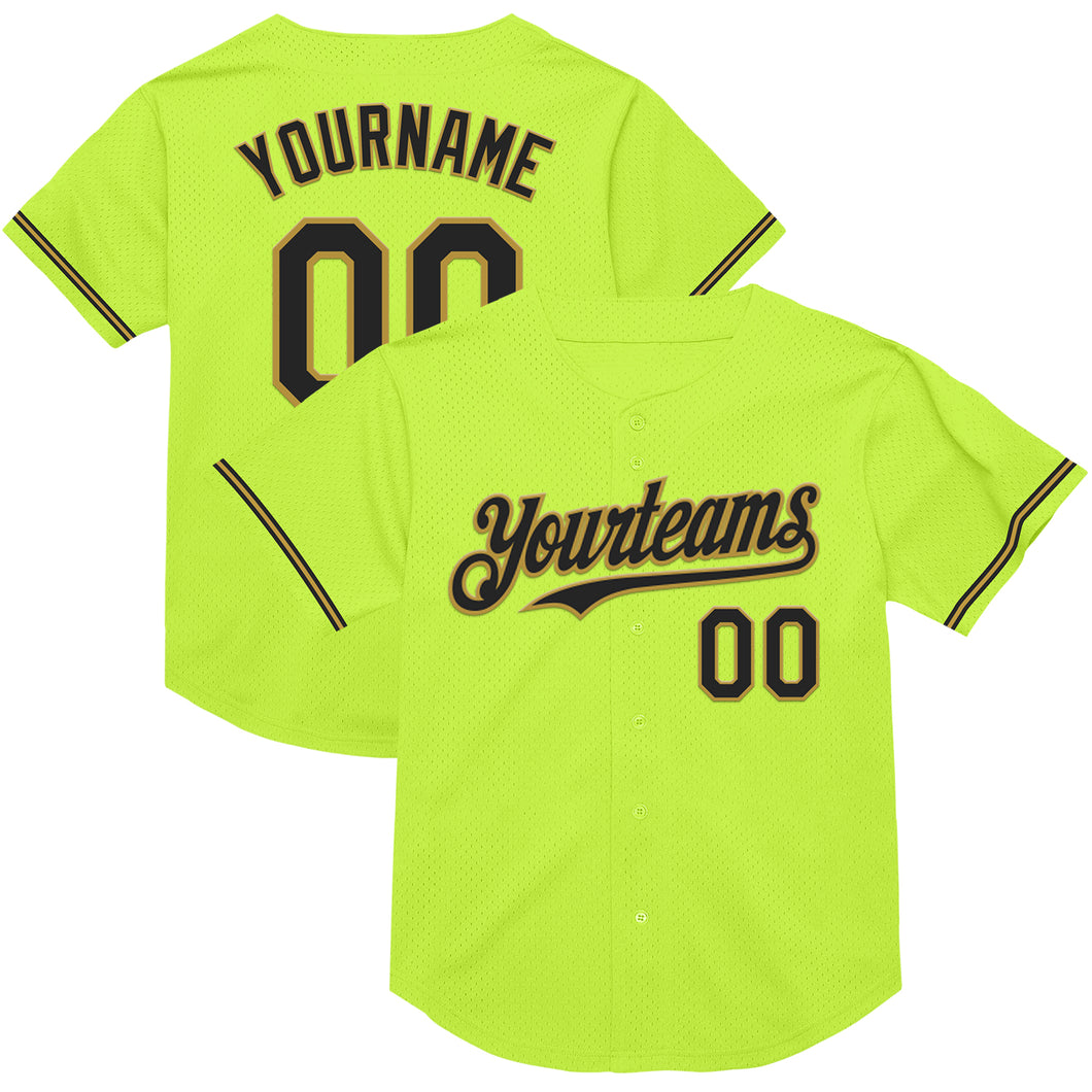 Custom Neon Green Black-Old Gold Mesh Authentic Throwback Baseball Jersey