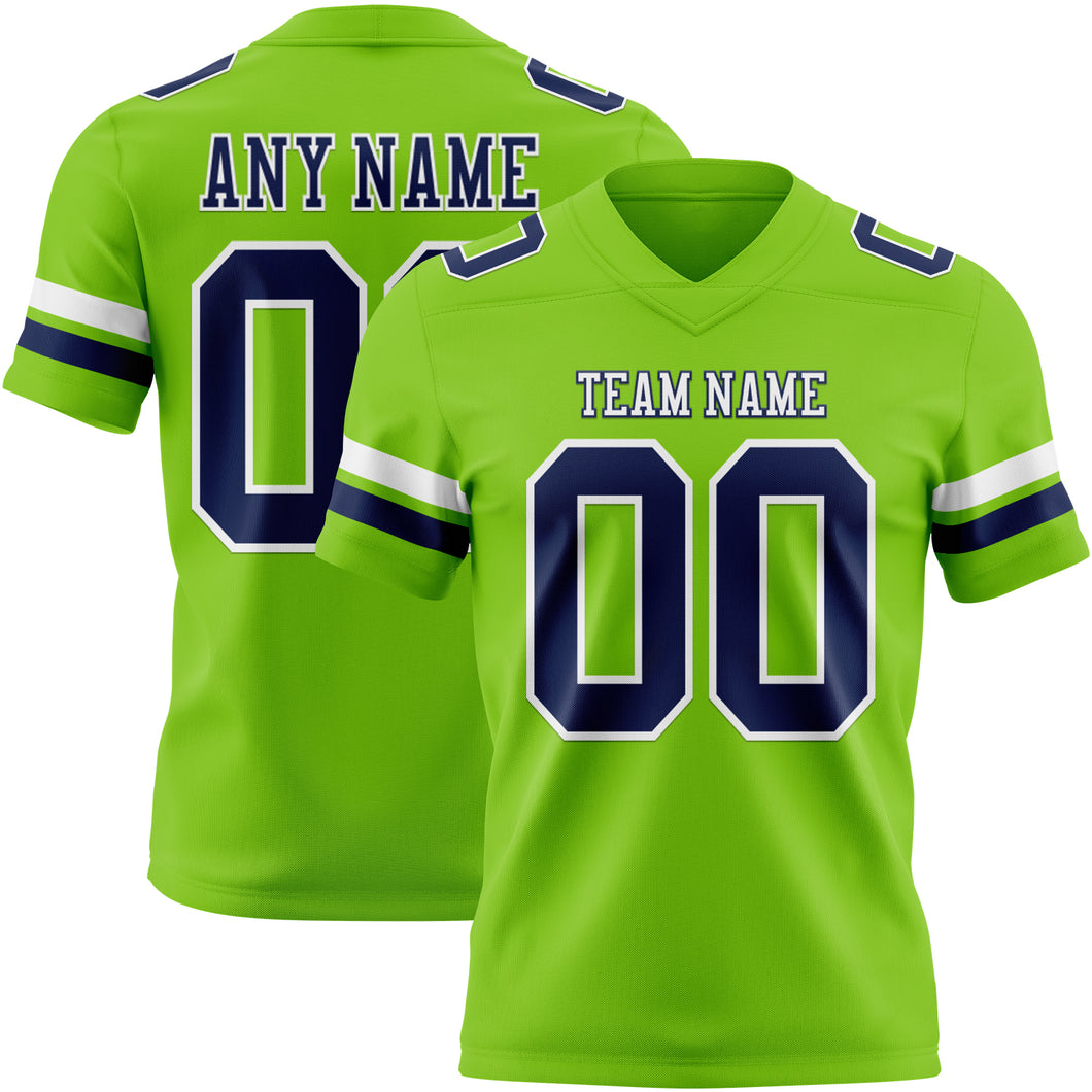 Custom Neon Green Navy-White Mesh Authentic Football Jersey