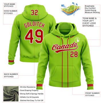 Custom Stitched Neon Green Red-White Baseball Pullover Sweatshirt Hoodie
