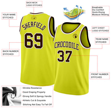 Custom Neon Yellow Brown-White Authentic Basketball Jerse