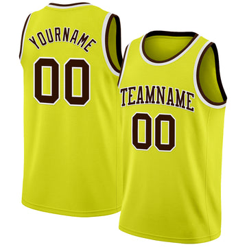 Custom Neon Yellow Brown-White Authentic Basketball Jerse