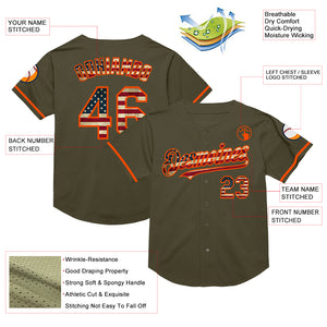 Custom Olive Vintage USA Flag-Orange Mesh Authentic Throwback Salute To Service Baseball Jersey