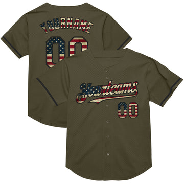 Custom Olive Vintage USA Flag-Black Mesh Authentic Throwback Salute To Service Baseball Jersey