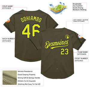 Custom Olive Neon Yellow-Black Mesh Authentic Throwback Salute To Service Baseball Jersey