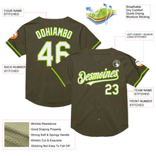 Load image into Gallery viewer, Custom Olive White-Neon Green Mesh Authentic Throwback Salute To Service Baseball Jersey
