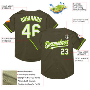 Custom Olive White-Neon Green Mesh Authentic Throwback Salute To Service Baseball Jersey