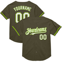 Load image into Gallery viewer, Custom Olive White-Neon Green Mesh Authentic Throwback Salute To Service Baseball Jersey
