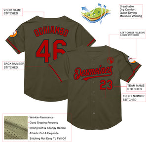 Custom Olive Red-Black Mesh Authentic Throwback Salute To Service Baseball Jersey