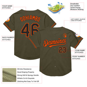 Custom Olive Black-Orange Mesh Authentic Throwback Salute To Service Baseball Jersey
