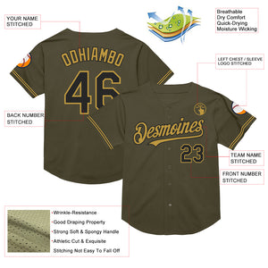 Custom Olive Black-Old Gold Mesh Authentic Throwback Salute To Service Baseball Jersey