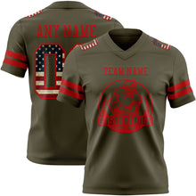 Load image into Gallery viewer, Custom Olive Vintage USA Flag-Red Authentic Salute To Service Football Jersey
