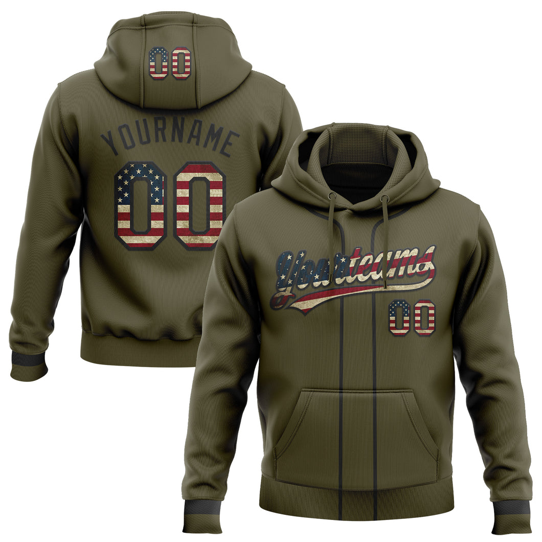 Custom Stitched Olive Vintage USA Flag-Black Baseball Pullover Sweatshirt Hoodie