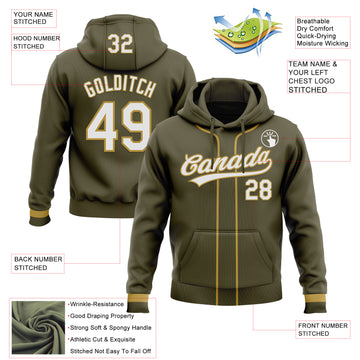 Custom Stitched Olive White-Old Gold Baseball Pullover Sweatshirt Hoodie