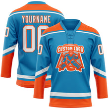Laden Sie das Bild in den Galerie-Viewer, Custom Panther Blue White-Orange Hockey Lace Neck Jersey
