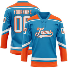 Laden Sie das Bild in den Galerie-Viewer, Custom Panther Blue White-Orange Hockey Lace Neck Jersey
