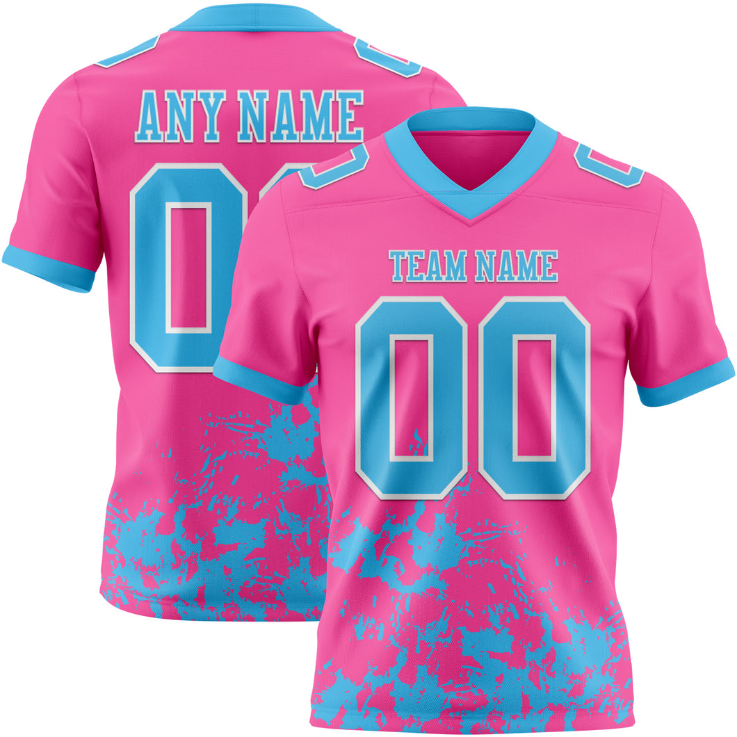 Custom Pink Sky Blue-White Splash Mesh Authentic Football Jersey