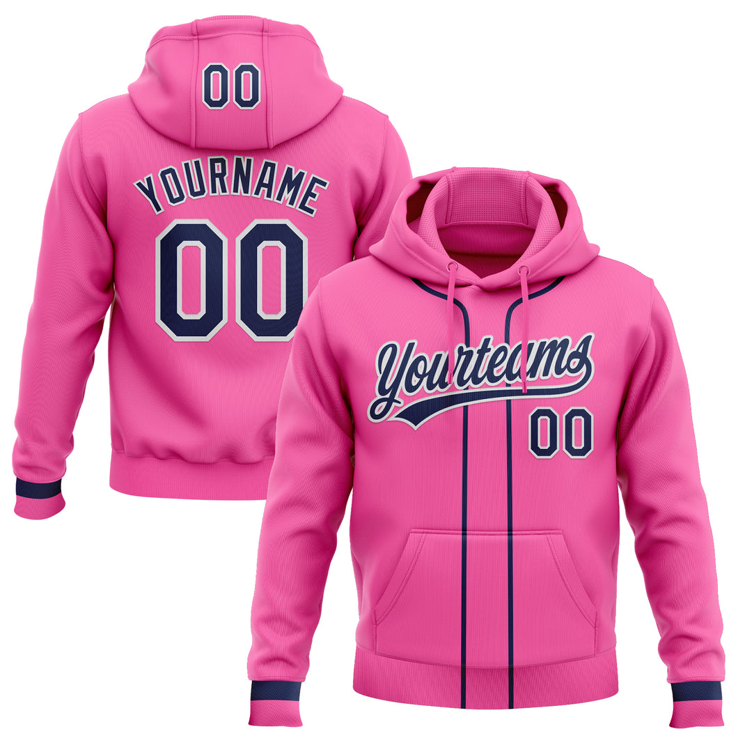 Custom Stitched Pink Navy-White Baseball Pullover Sweatshirt Hoodie