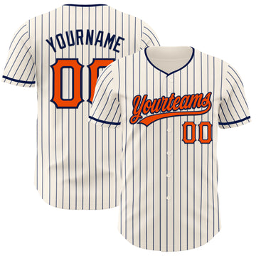 Custom Cream Navy Pinstripe Orange-Navy Authentic Baseball Jersey
