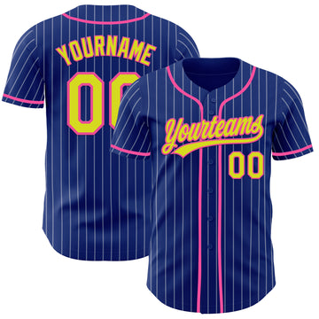 Custom Royal White Pinstripe Neon Yellow-Pink Authentic Baseball Jersey