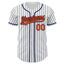 Laden Sie das Bild in den Galerie-Viewer, Custom White Navy Pinstripe Orange-Navy Authentic Baseball Jersey
