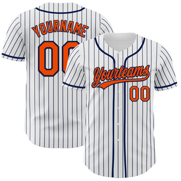 Custom White Navy Pinstripe Orange-Navy Authentic Baseball Jersey