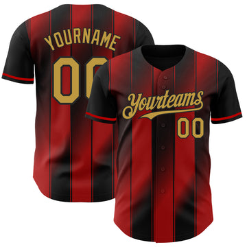 Custom Black Old Gold-Red Gradient Classic Vertical Stripe Authentic Baseball Jersey