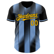 Laden Sie das Bild in den Galerie-Viewer, Custom Black Gold-Light Blue Gradient Classic Vertical Stripe Authentic Baseball Jersey
