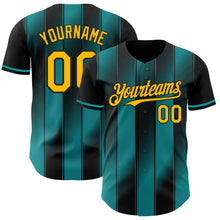 Laden Sie das Bild in den Galerie-Viewer, Custom Black Gold-Teal Gradient Classic Vertical Stripe Authentic Baseball Jersey
