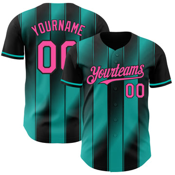Custom Black Pink-Aqua Gradient Classic Vertical Stripe Authentic Baseball Jersey