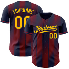 Load image into Gallery viewer, Custom Navy Gold-Crimson Gradient Classic Vertical Stripe Authentic Baseball Jersey
