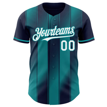 Custom Navy White-Teal Gradient Classic Vertical Stripe Authentic Baseball Jersey
