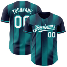 Загрузить изображение в средство просмотра галереи, Custom Navy White-Teal Gradient Classic Vertical Stripe Authentic Baseball Jersey
