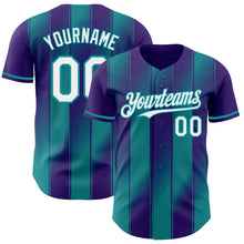Laden Sie das Bild in den Galerie-Viewer, Custom Purple White-Teal Gradient Classic Vertical Stripe Authentic Baseball Jersey
