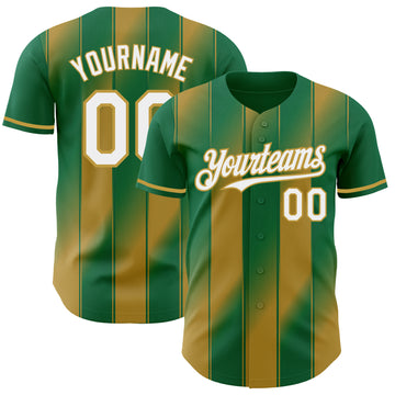 Custom Kelly Green White-Old Gold Gradient Classic Vertical Stripe Authentic Baseball Jersey