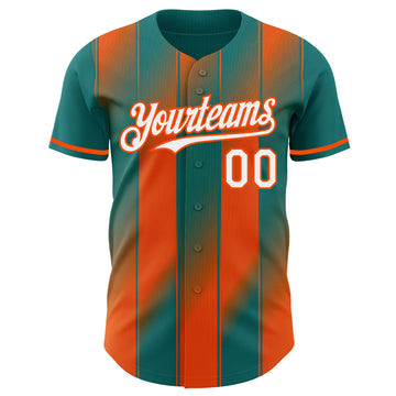 Custom Teal White-Orange Gradient Classic Vertical Stripe Authentic Baseball Jersey