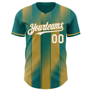 Custom Teal White-Old Gold Gradient Classic Vertical Stripe Authentic Baseball Jersey