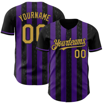 Custom Black Old Gold-Purple Classic Vertical Stripe Fluid Liquid Texture Authentic Baseball Jersey