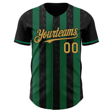 Custom Black Old Gold-Kelly Green Classic Vertical Stripe Fluid Liquid Texture Authentic Baseball Jersey